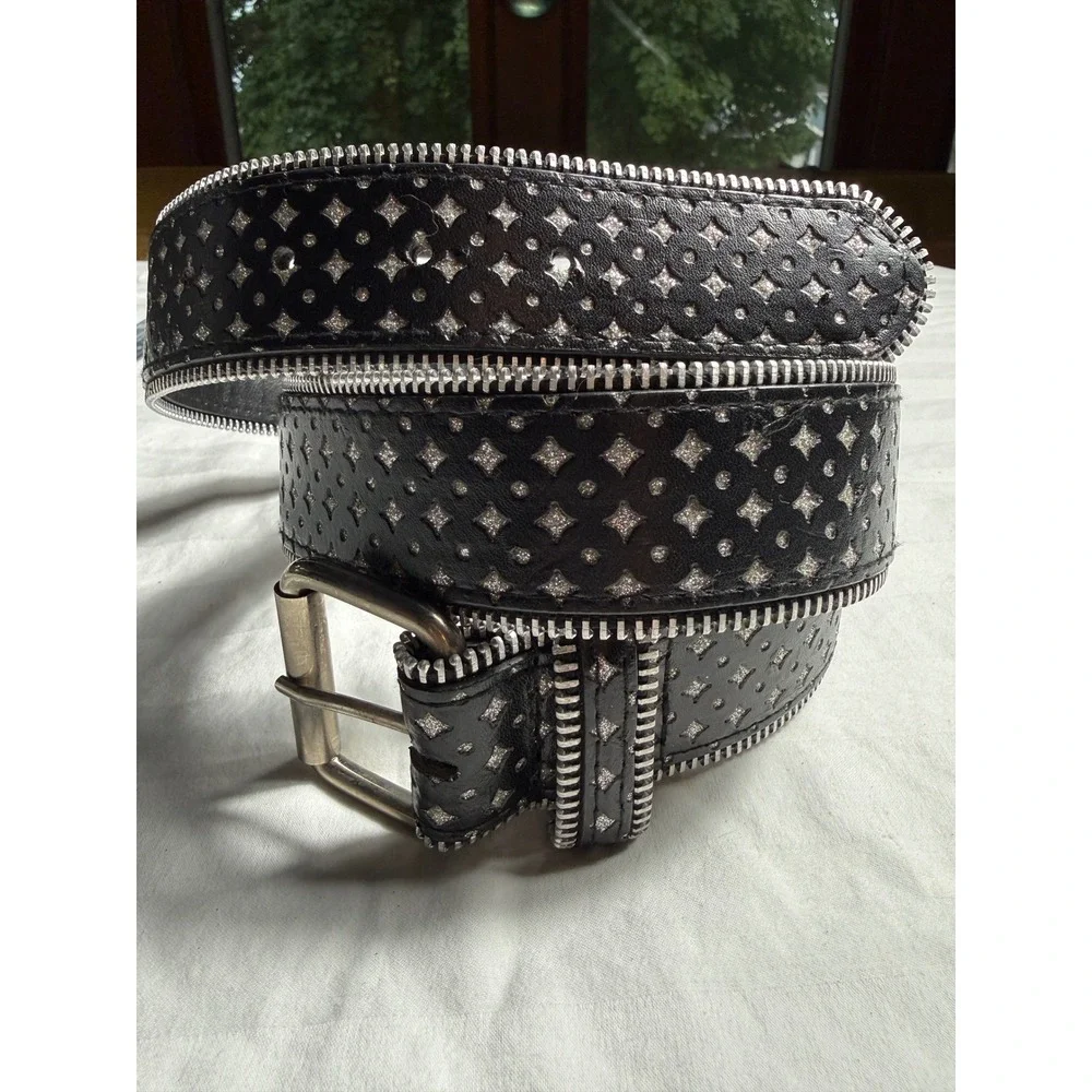 Black Zipper Trim Glitter Diamond Studded Punk Belt Silver Hardware Scene Metal